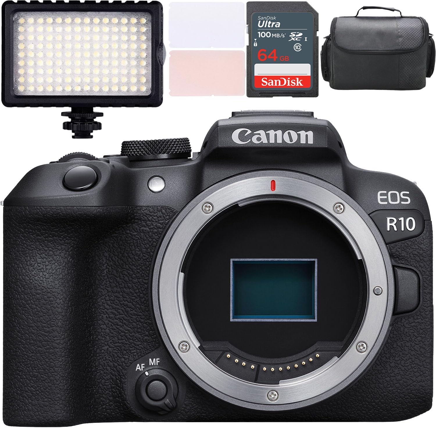 Canon EOS R10 Mirrorless Camera (Body Only) + LED Video Light + Camera Case + 64GB Memory (10pc Bundle) (Renewed)