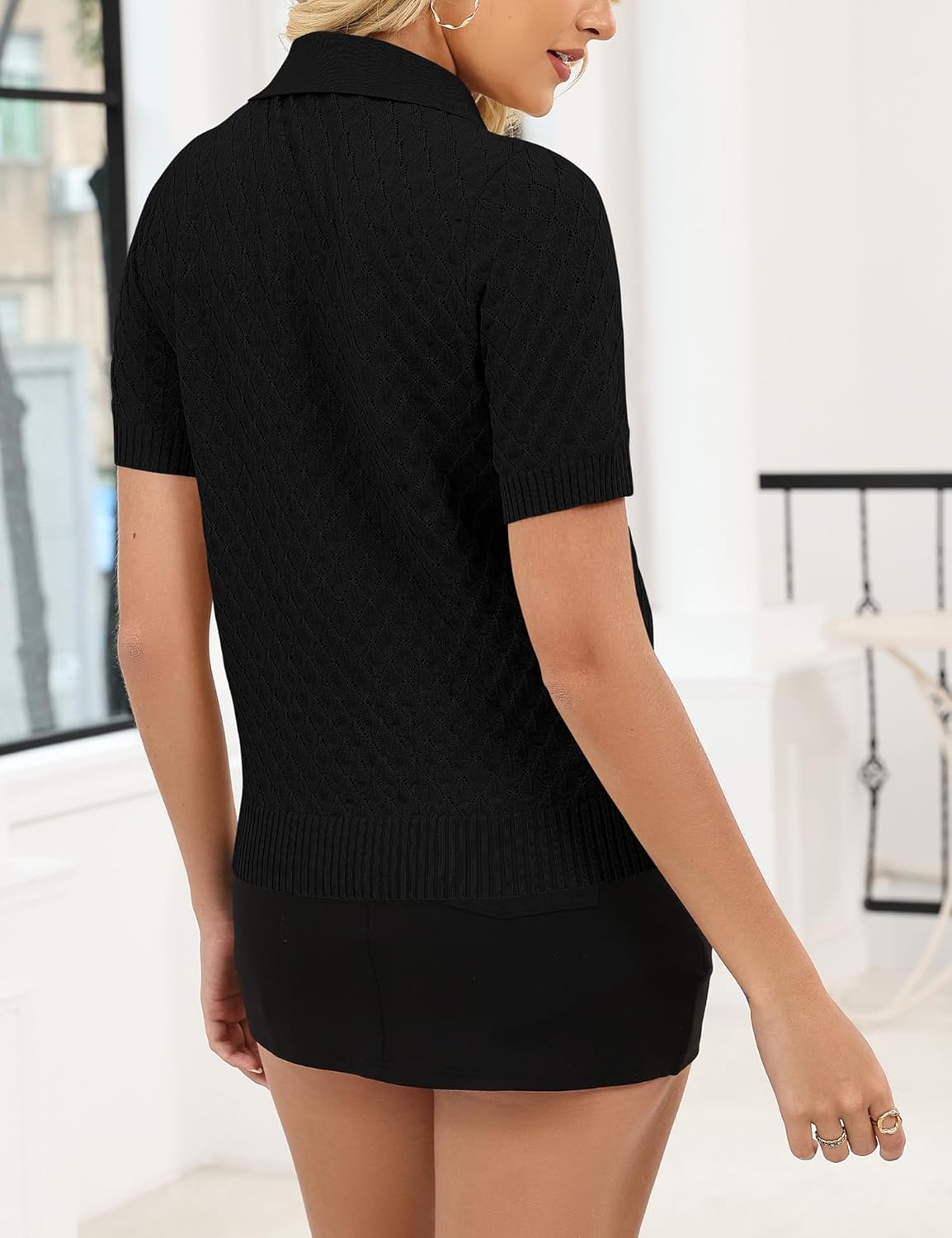 Rapbin Womens Short Sleeve Polo Sweater Knit Collared Pollover Summer V Neck Business Casual Tops - Image 3