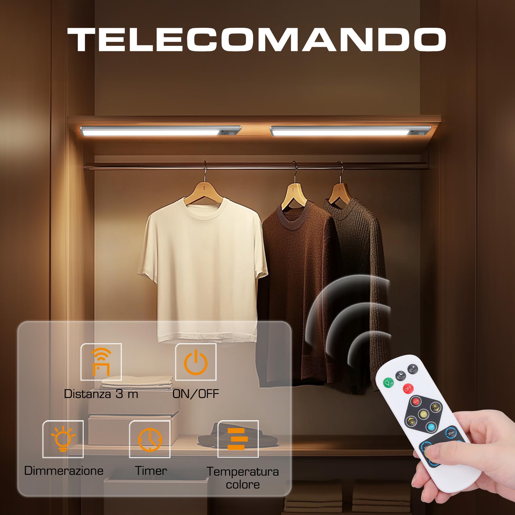 EverBrite Luce LED 2 Pezzi con Sensore di Movimento, Ricaricabile | con Telecomando 78 LED, 3 Modalità, Batteria 2200mAh, Luce Regolabile 3000K/4000K/6500K, per Armadio, Scala, Cucina
