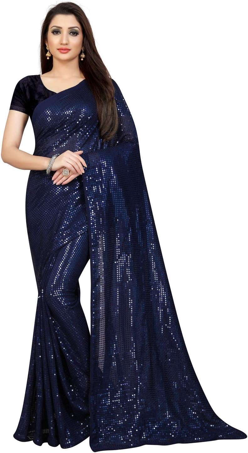 Florely Women's Pure Georgette sequence saree with unstiched blouse piece(Free size)
