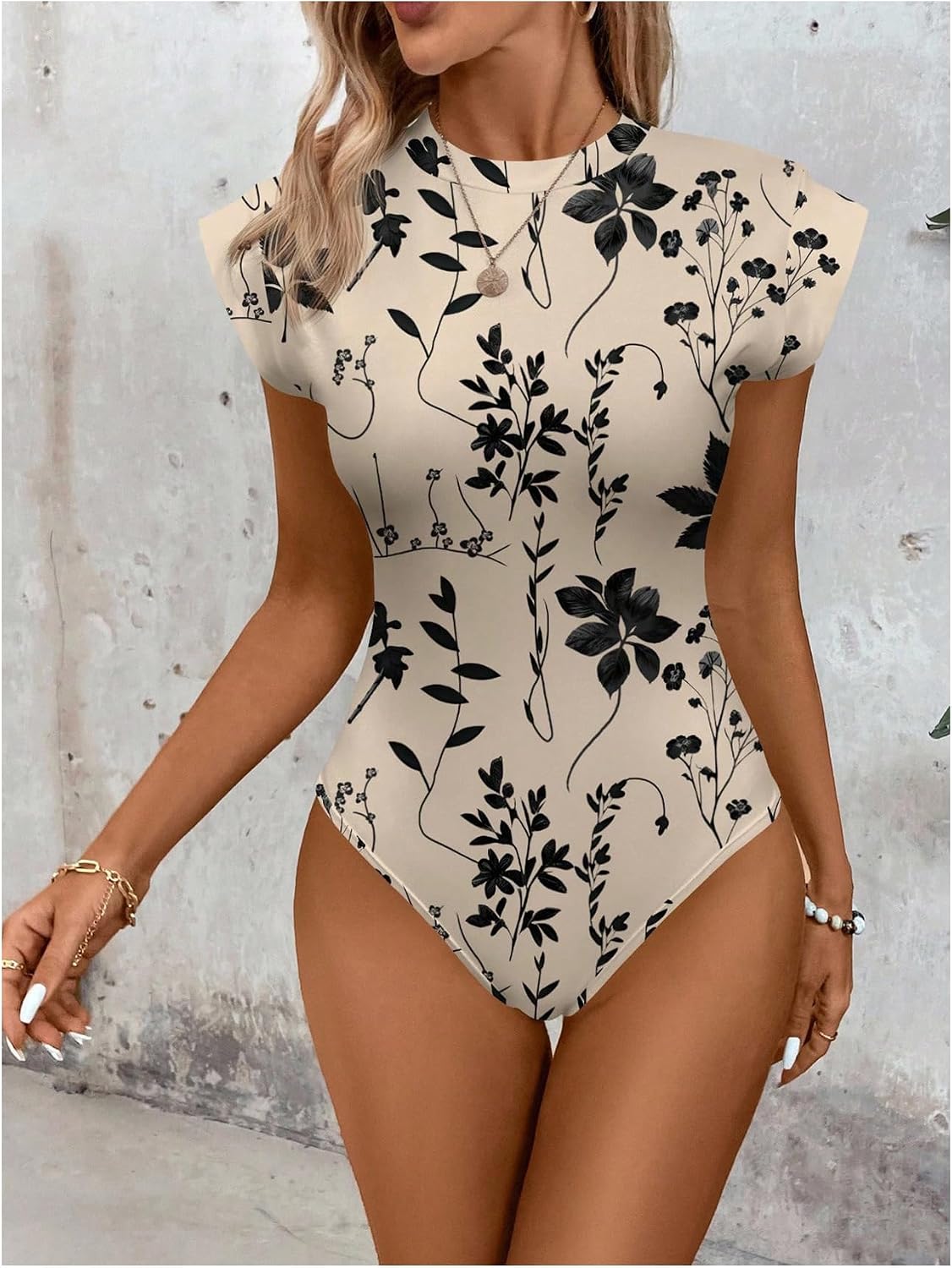 SOLY HUX Women's Floral Bodysuit Crew Neck Cap Sleeve Casual Summer Bodysuit Tops