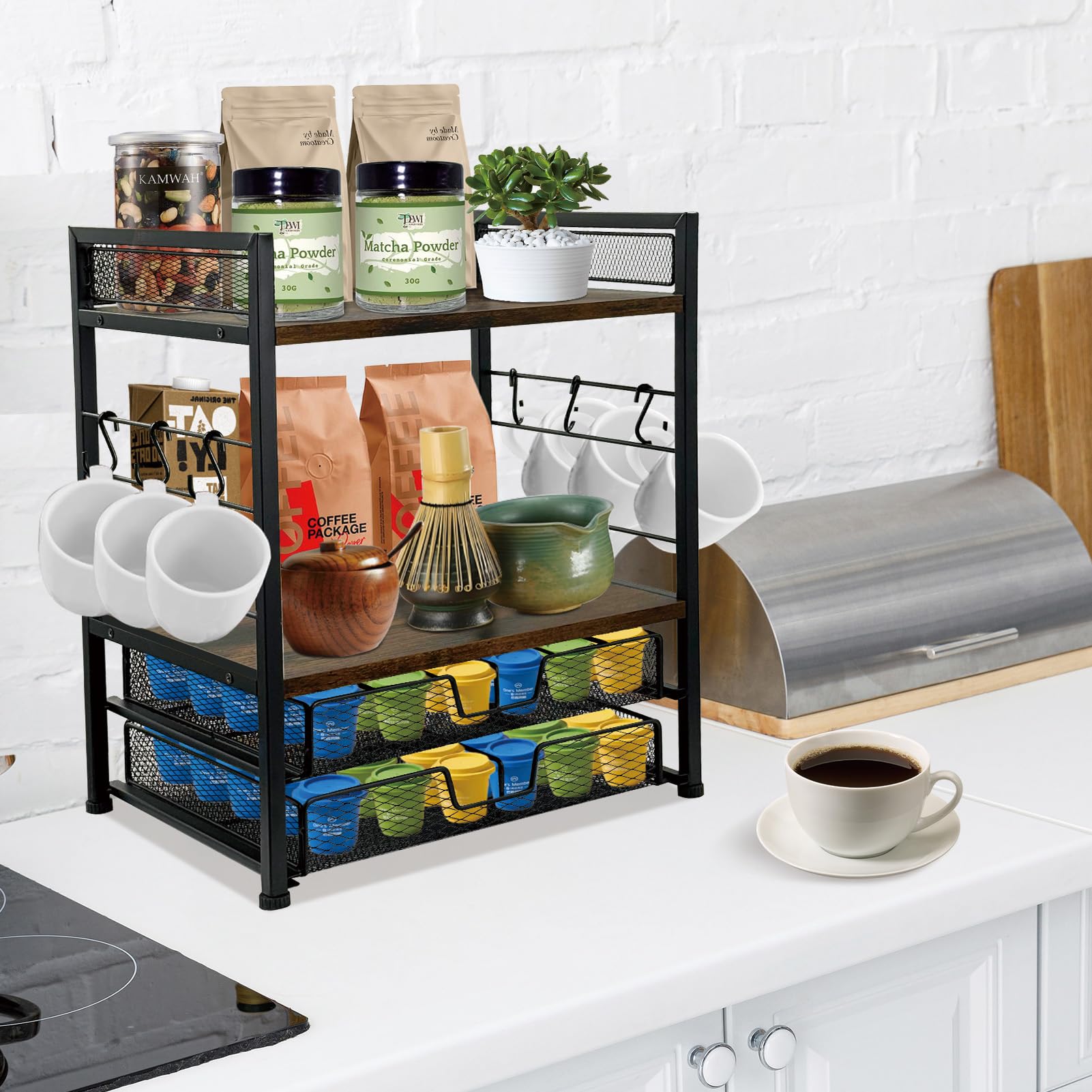 Organizador de estación de café para encimera, organizador de cápsulas de café de 2 niveles con capacidad para hasta 60 K, estación matcha, soporte para tazas con 6 ganchos, estante multifuncional 7