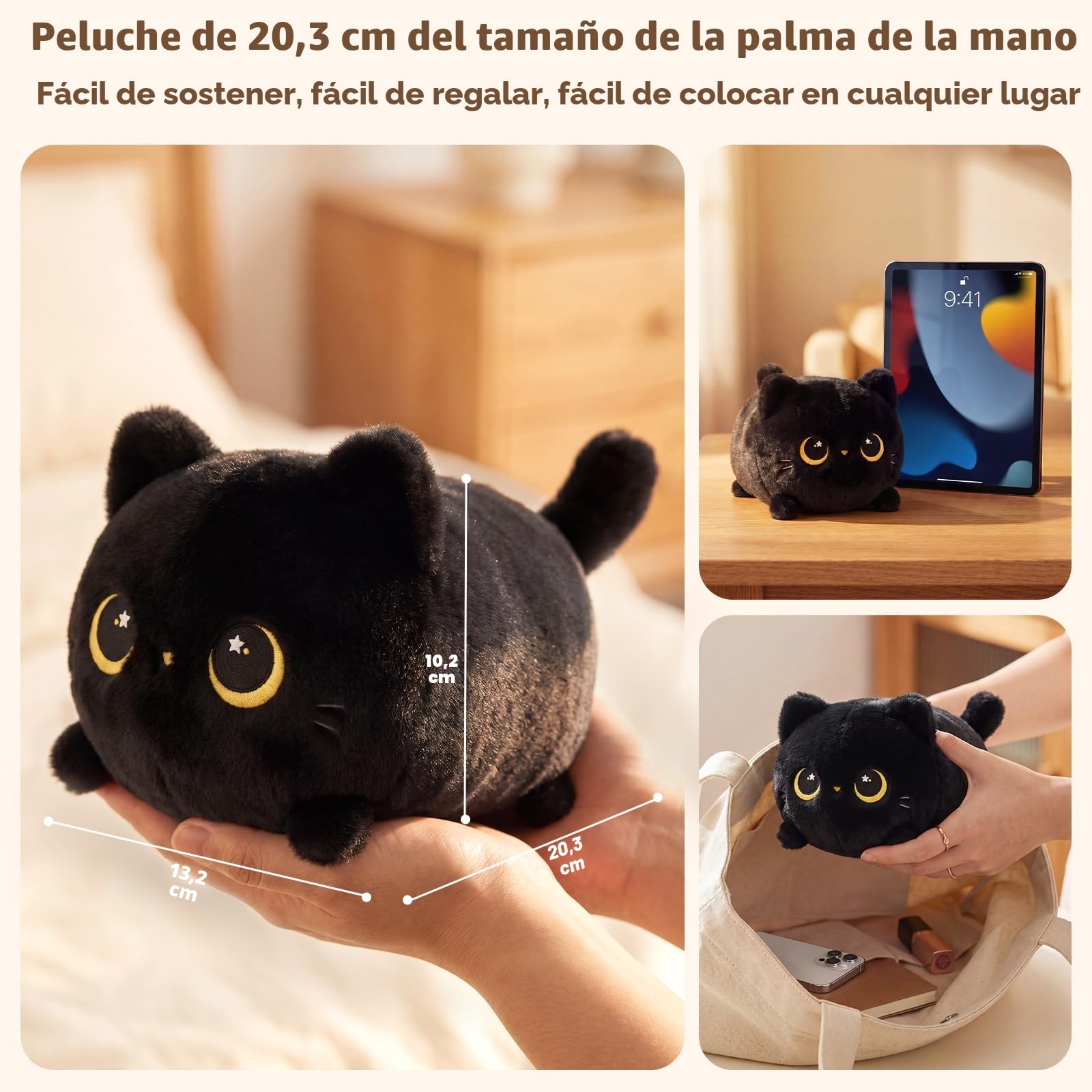 Mewaii 20CM Peluche Pequeños Gato Negro con Ojos de Luna-Suave y Lindo Cojín de Peluche para Abrazar - Ideal para Niños, Regalo para Navidad, Cumpleaños y Más
