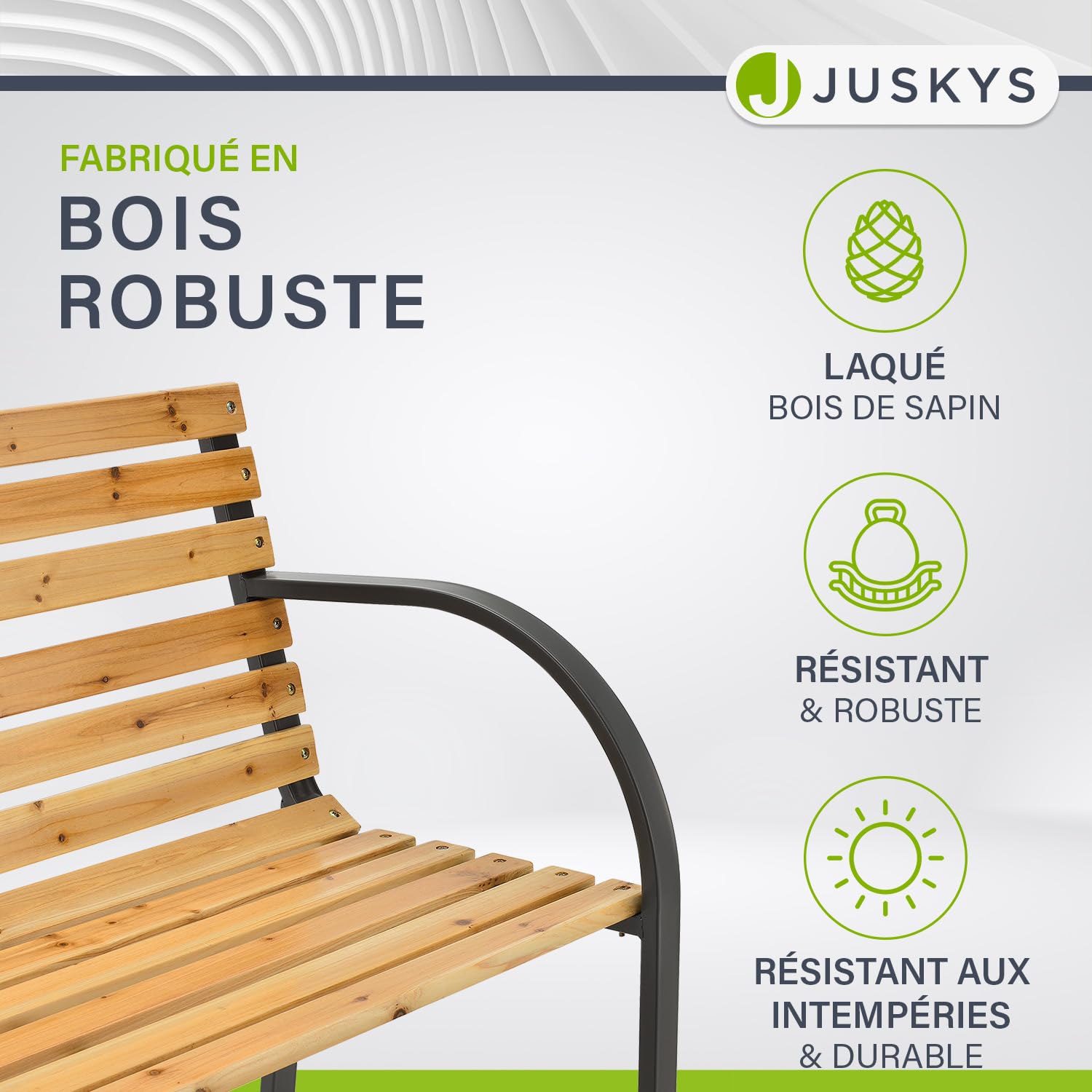 Juskys Banc de Jardin Modena en Bois 2 Places avec accoudoirs et Dossier - Banc résistant aux intempéries - Banc avec éléments latéraux en Acier- Naturel, 62x120x82cm