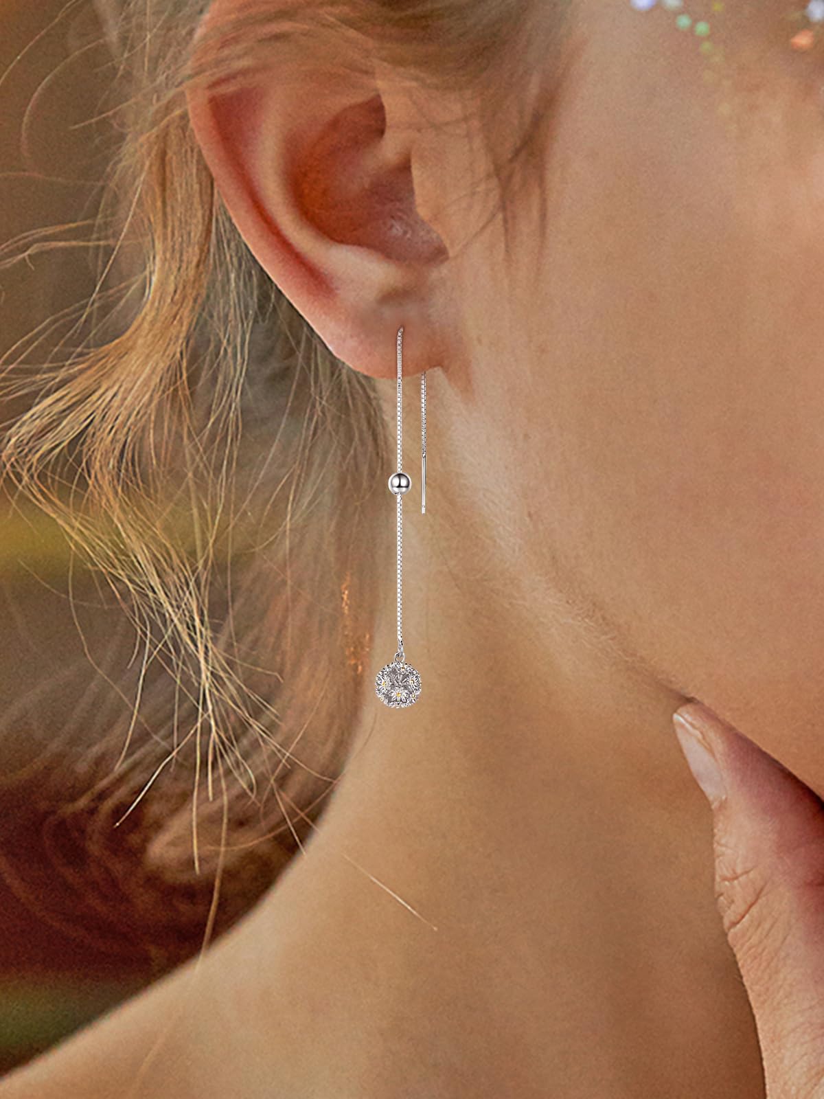 KINGWHYTE Threader Ohrringe Damen 925 Sterling Silber Daisy Blume Ohrring Langkette Drop Hangle Threaderohrringe Geburtstag Valentinstag Schmuck Geschenke für Frauen