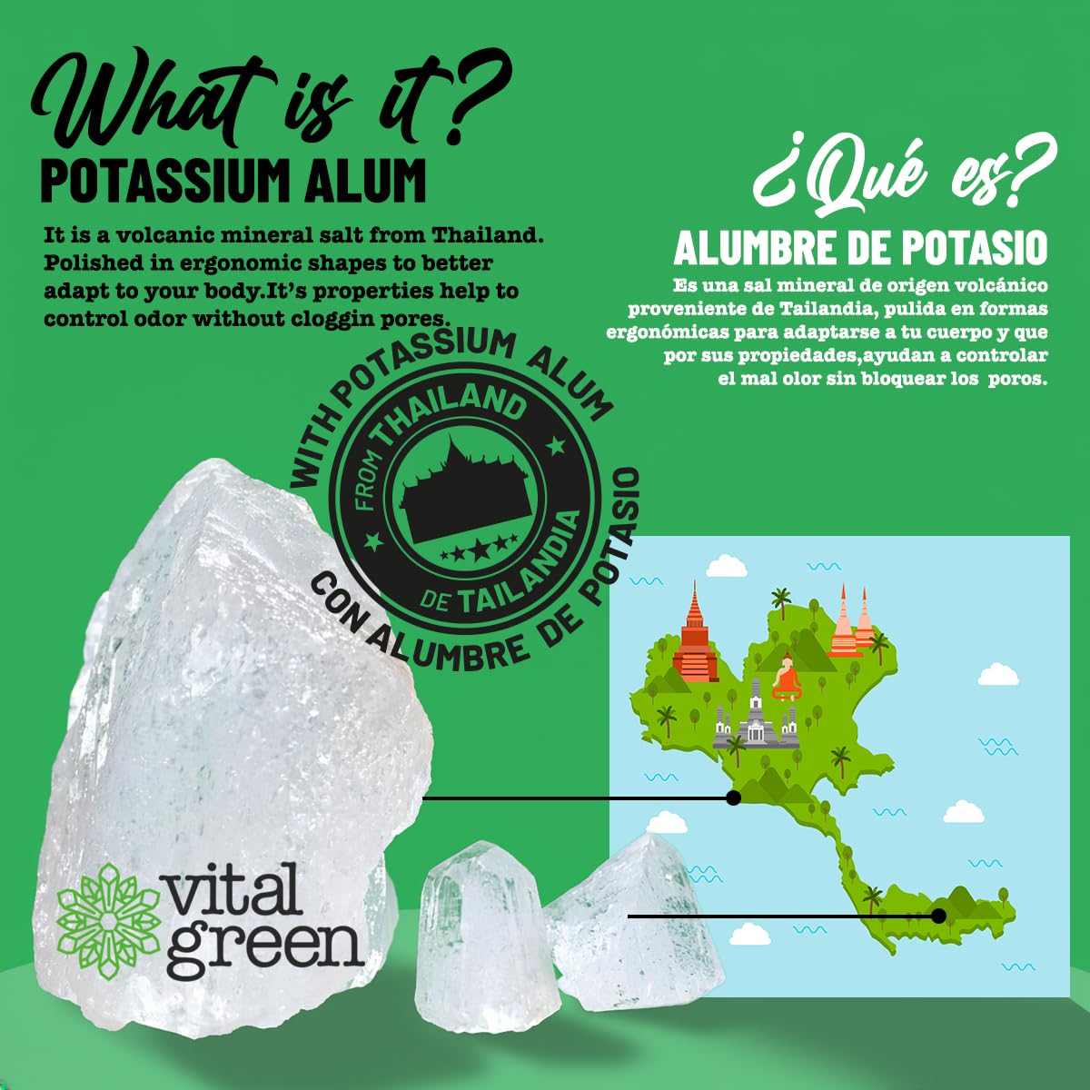 Vital Green Desodorante Cristal Alumbre de Potasio, sin Clorhidrato de Aluminio, Ni Alcohol, Elimina El Olor Y No Mancha - Para Hombres, Mujeres Y Deportistas - 60gr - 2.12oz - Paquete de 1 unidad