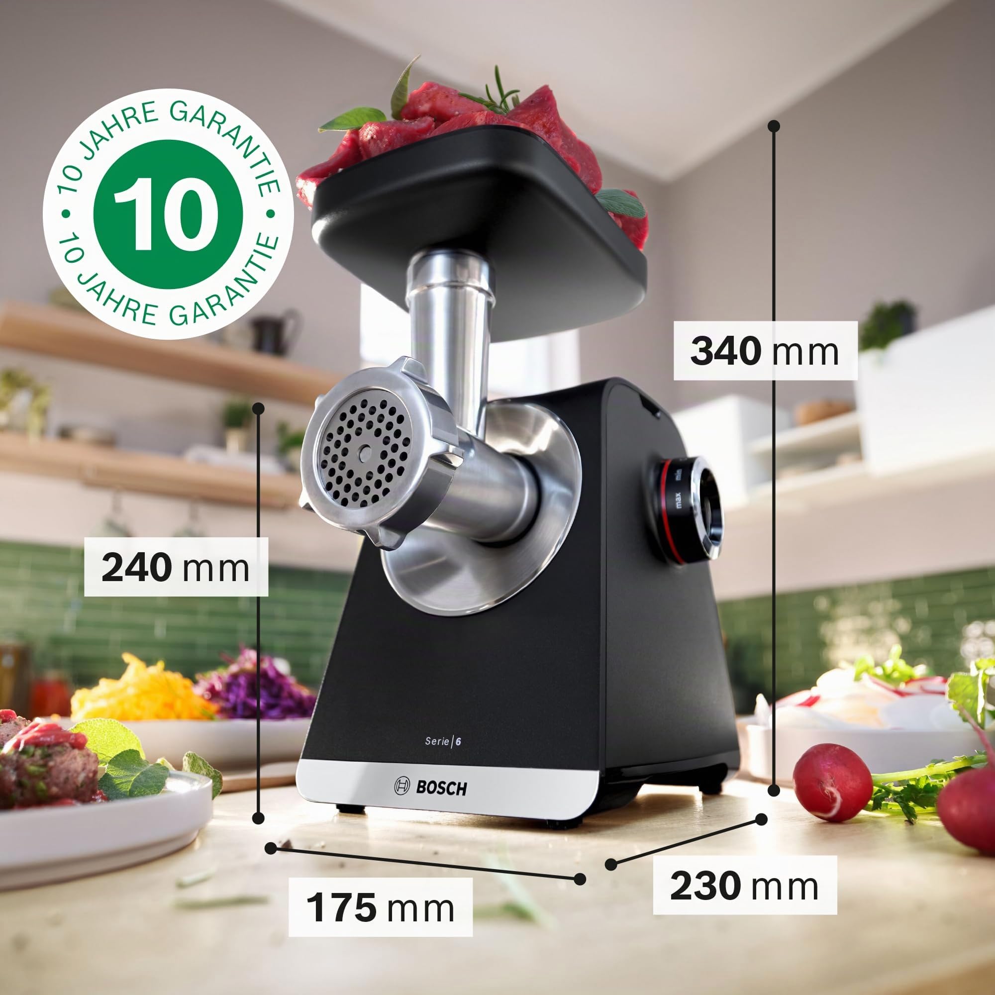 Bosch Fleischwolf Serie 6, 3 Lochscheiben (3, 4,5/8 mm) Edelstahl, spülmaschinenfest, Entsafter, Wurst-/ Kebbe-Aufsatz, elektrisch, stark, kompakt, 2.100 W, schwarz, MultiPower MFWS650B