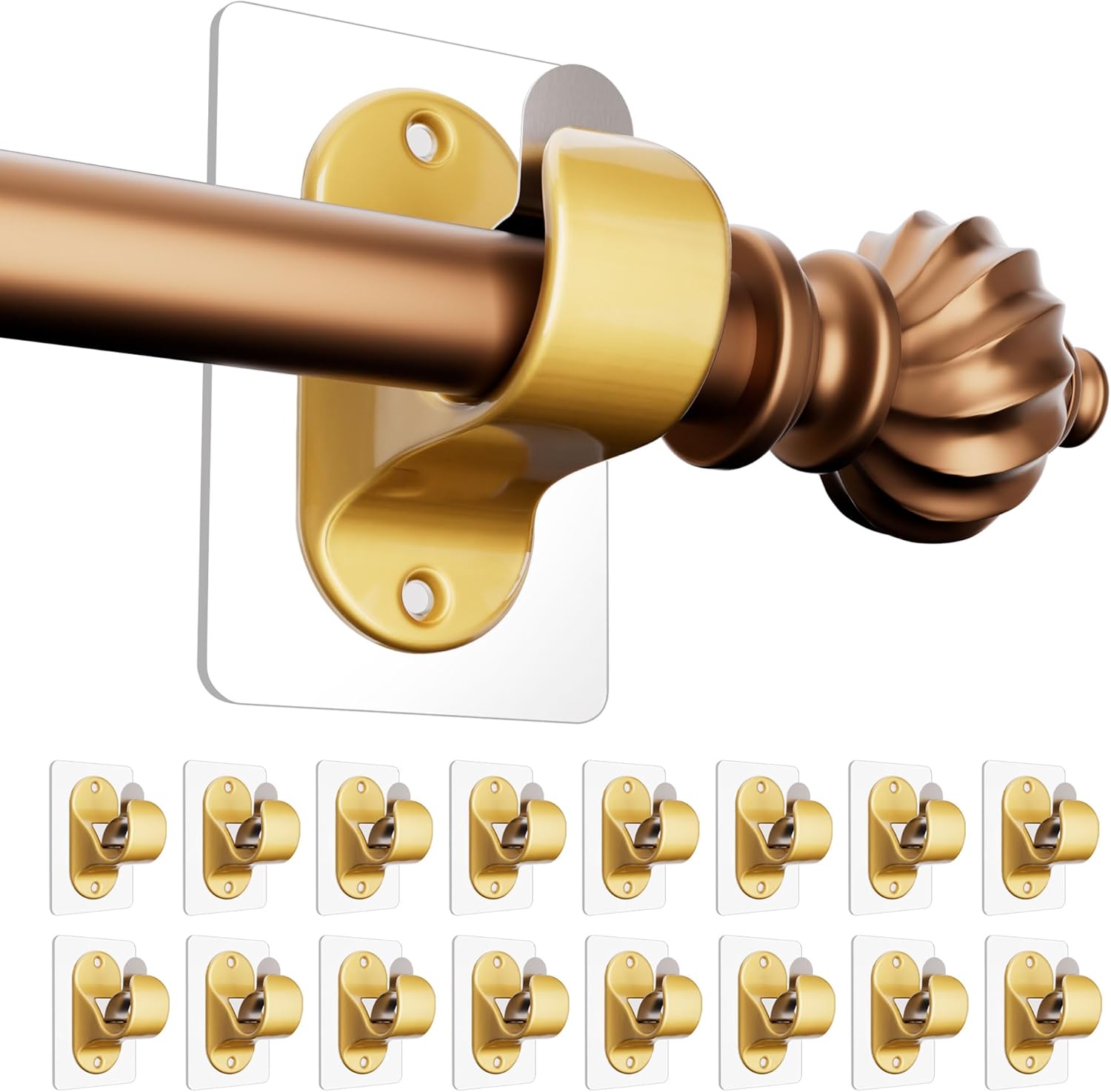 (16 Pack) Gold No-Drill Curtain Rod Brackets, Self-Adhesive Adjustable Hooks for 0.5''-1.3'' Curtain Rods, Stick-On Wall Holders with Damage-Free Installation 16 Pack Gold