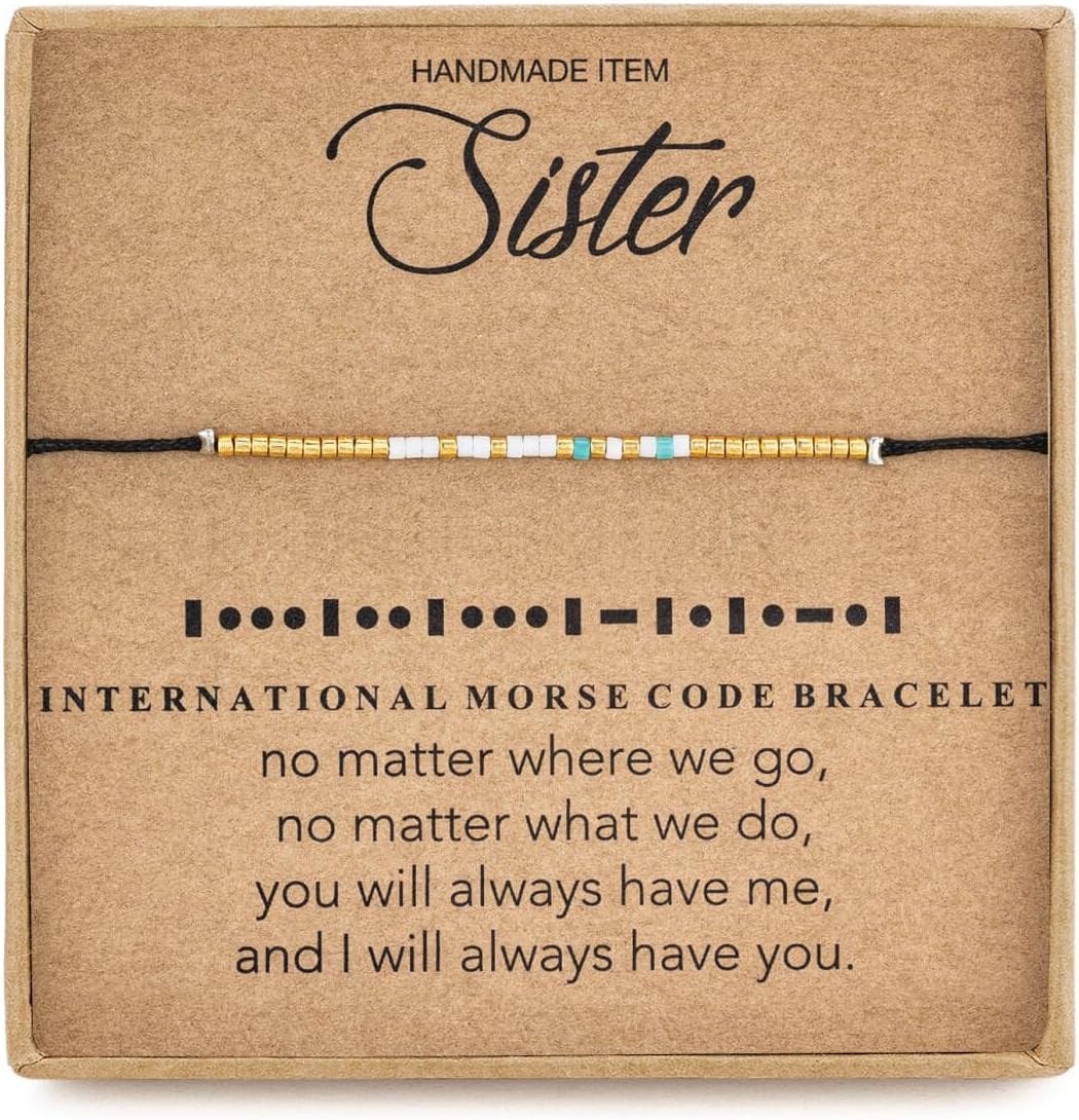 RareLove Sister Morse Code Beaded Bracelet Birthday Gifts from Sister Long Distance Friendship Christmas Gifts Waterproof Gold Blue White Tiny Pony Seed Beads Black String