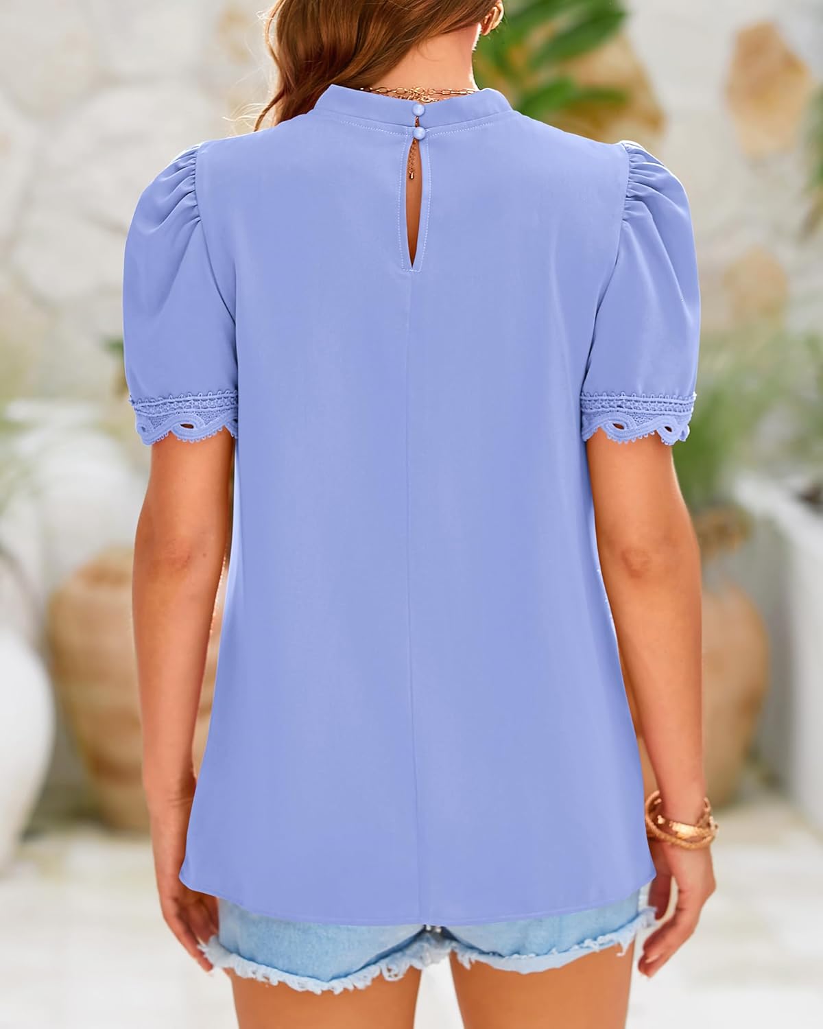 BTFBM Women Blouses 2026 Dressy Casual Summer Tops Mock Neck Lace Trim Short Sleeve Business Work Shirts Spring Clothes - Image 7