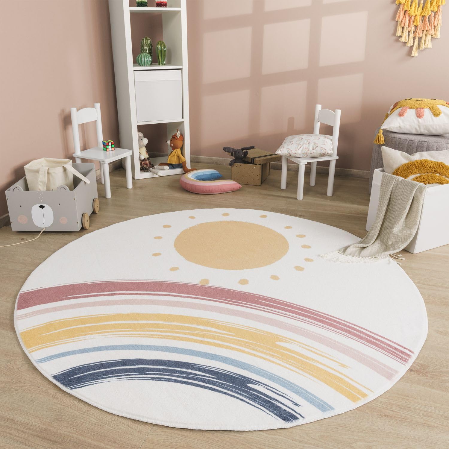TT Home Tappeto Stanza Bambini Lavabile Arcobaleno Sole Moderno, Colore:Blu Giallo Rosa, Dimensione:100 cm tondo