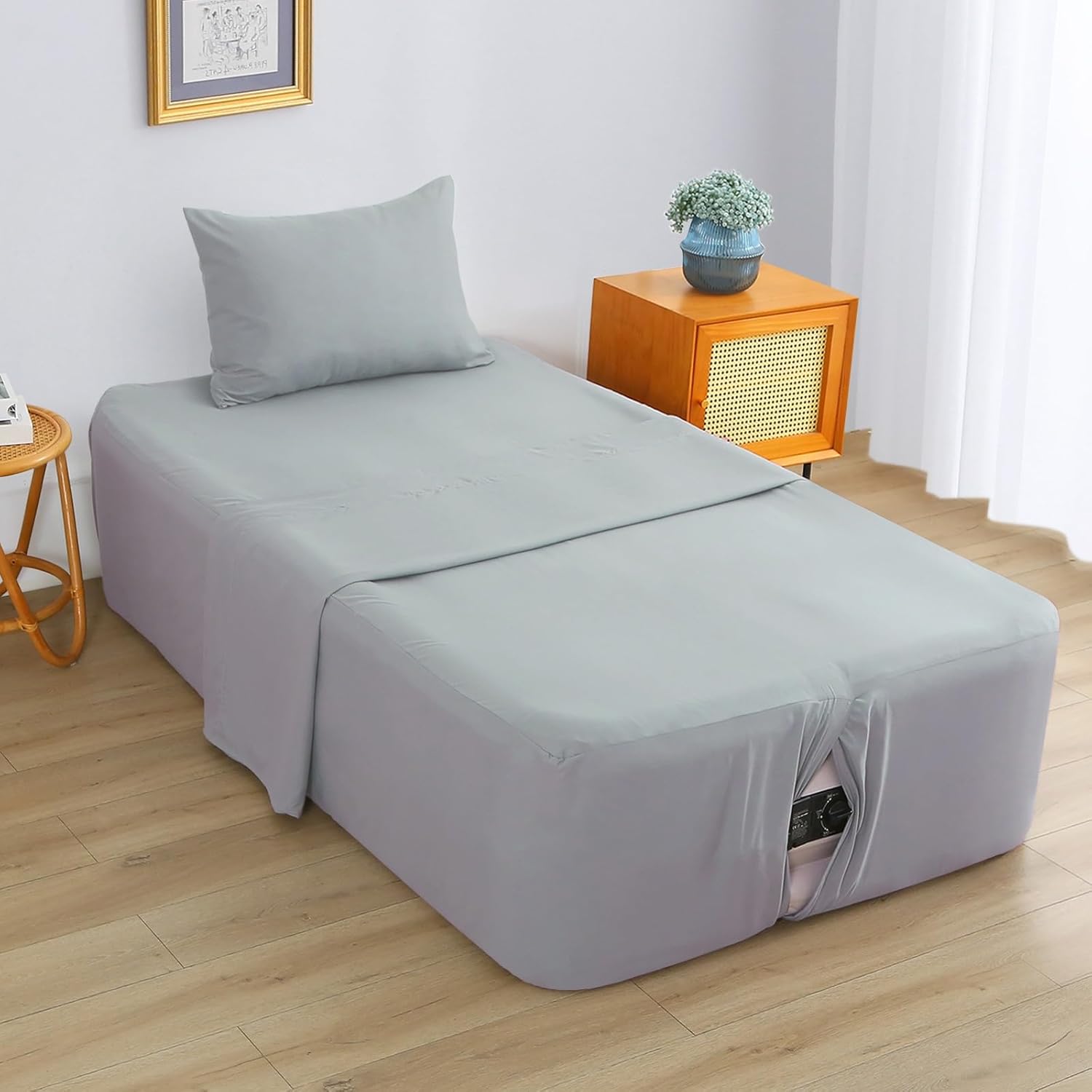 Air Mattress Sheet Set for 16-24 Inch Air Beds Twin Size,Deep Pocket Fitted Sheet with Inflation Opening,Soft & Breathable, for Guests, Camping, RVs, Includes Pillowcase Flat Sheet Fitted Sheet,Gray