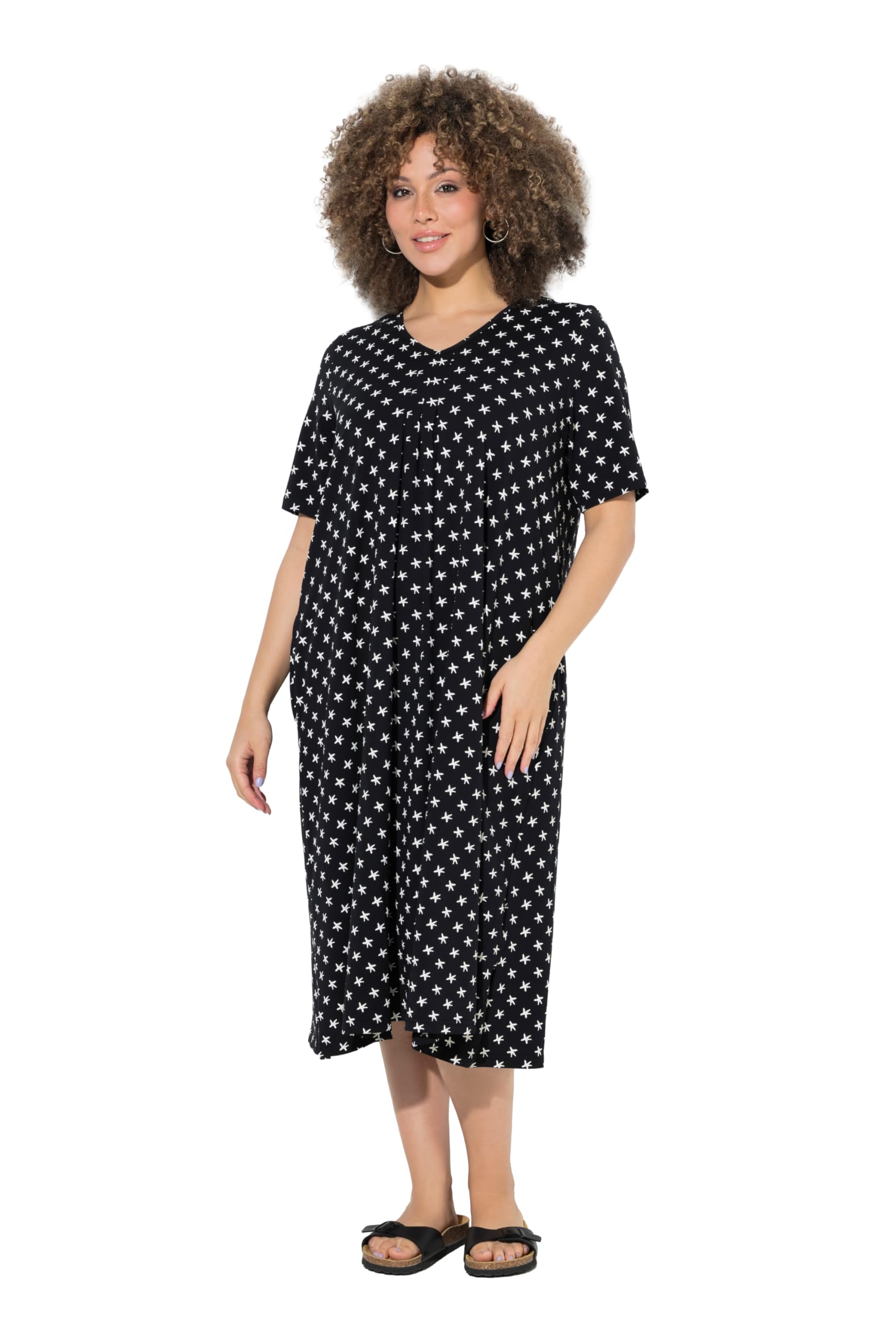 Ulla Popken Damen große Größen Übergrößen Plus Size Midikleid, Sterne, V-Ausschnitt, Halbarm, Taschen 850351