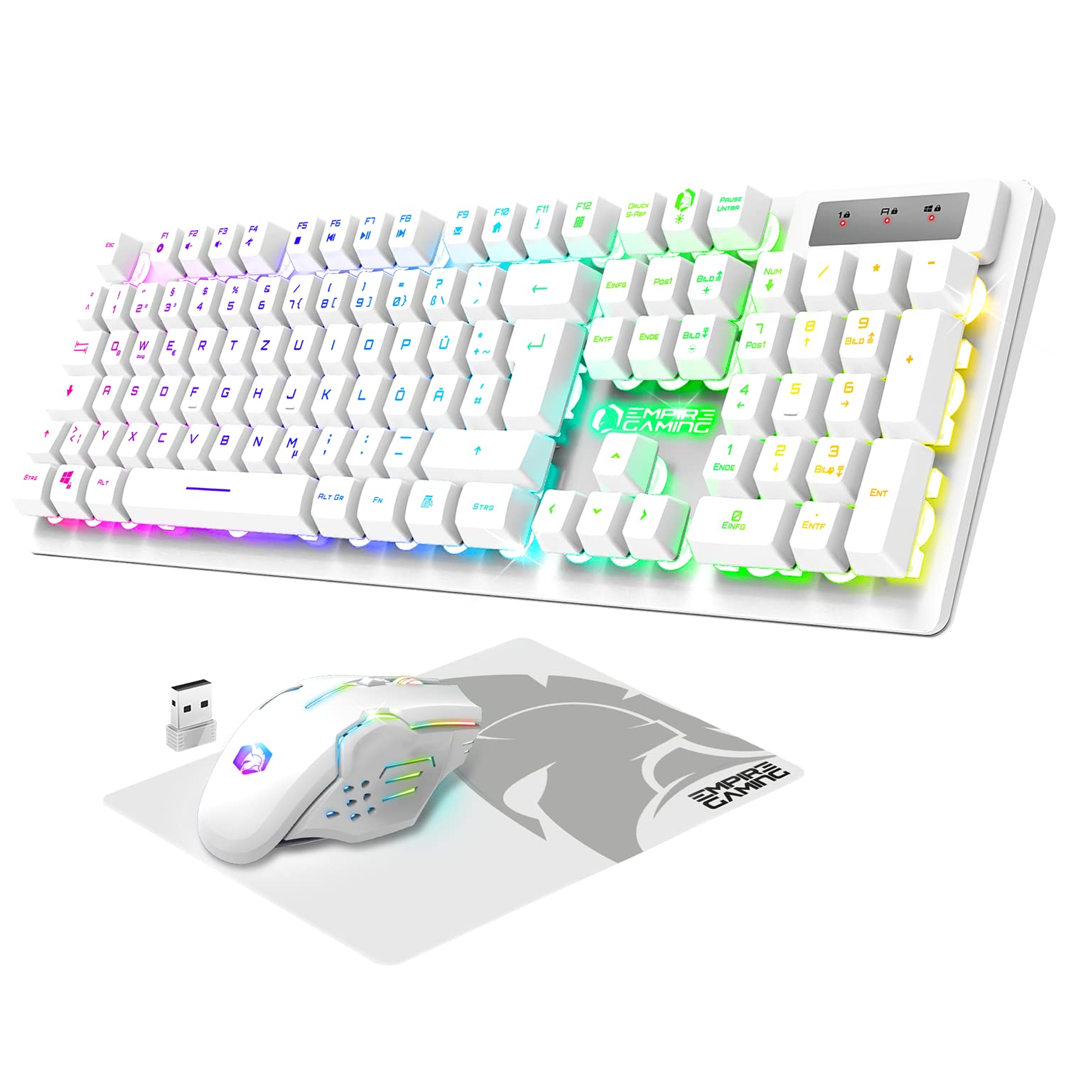 EMPIRE GAMING - Armor RF800 Wireless Wiederaufladbare Gaming Tastatur und Maus Set QWERTZ (DE-Layout) - Tastatur 2,4GHz RGB - Maus 4800 DPI mit Mauspad - PC PS4 PS5 Xbox One/Serie Mac - Weiß