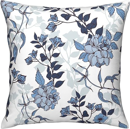 VARUN Fundas de almohada románticas de flores con hojas, diseño floral azul, sin costuras, fundas de almohada cuadradas para decoración del hogar,