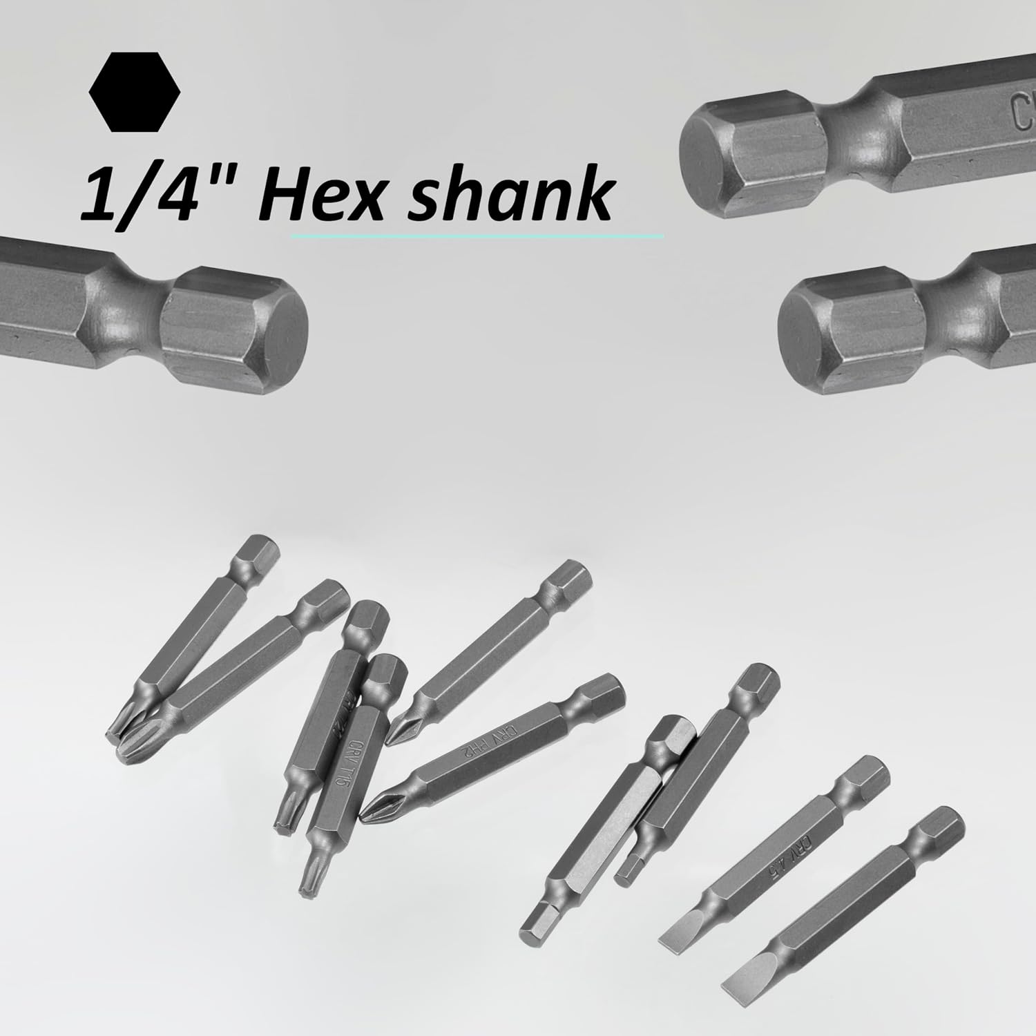 AERZETIX - C76312 - Set of 10 1/4 inch 6.35 mm long Bit Driver Screwdriver Bits + extension and carabiner - PH1 PH2 PH3 T15 T20 T25 SL4.5 SL5.5 H3 H4 - steel