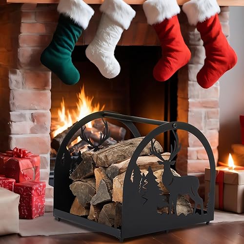 Miniatura 8 de Soporte de leña de Navidad para interiores con chimenea de alce, soporte de troncos para chimenea, soporte de almacenamiento de madera, pequeño