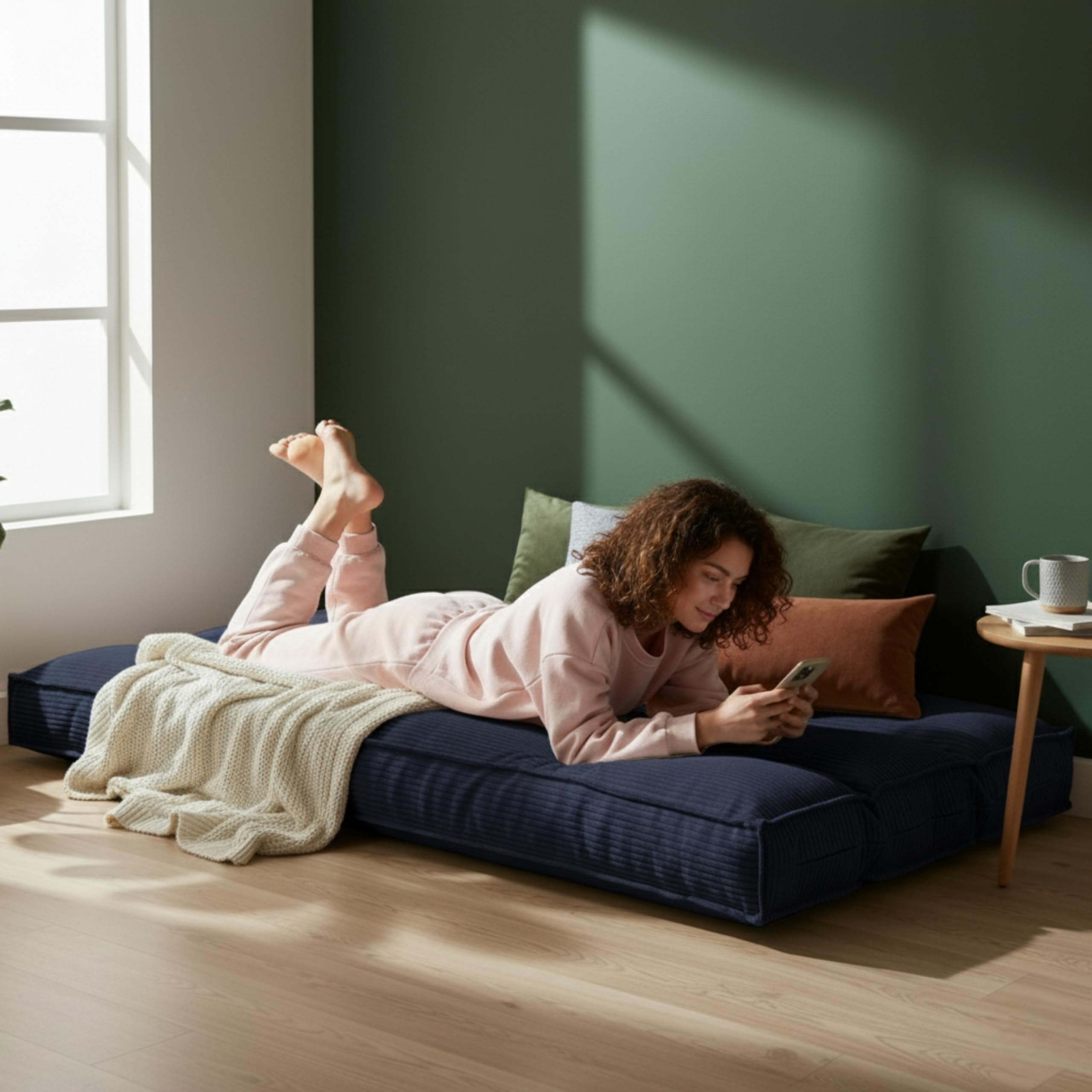 bananair - Futon 1 Place Épais & Confortable Fabriqué en France, Housse Lavable, Idéal comme Matelas de Sol, d'Appoint, Chauffeuse - Futon Pliable, Sangle de Rangement Incluse (90x190 cm, Bleu Nuit)