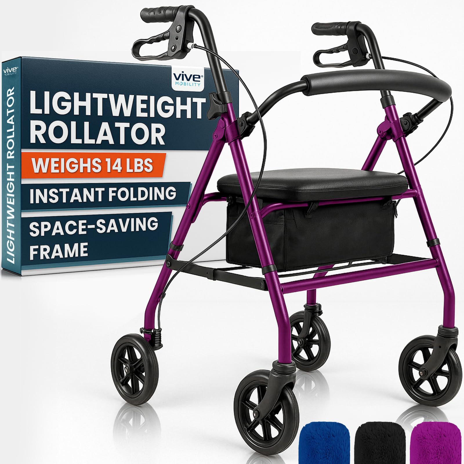 Vive Ultra Lightweight Rollator Walker with Seat - Foldable, Narrow, Rolling Senior Walker for Small Spaces - 4 Wheel Aluminum Adult Easy Drive Aid with Underseat Accessory - Weighs Only 14 Lbs