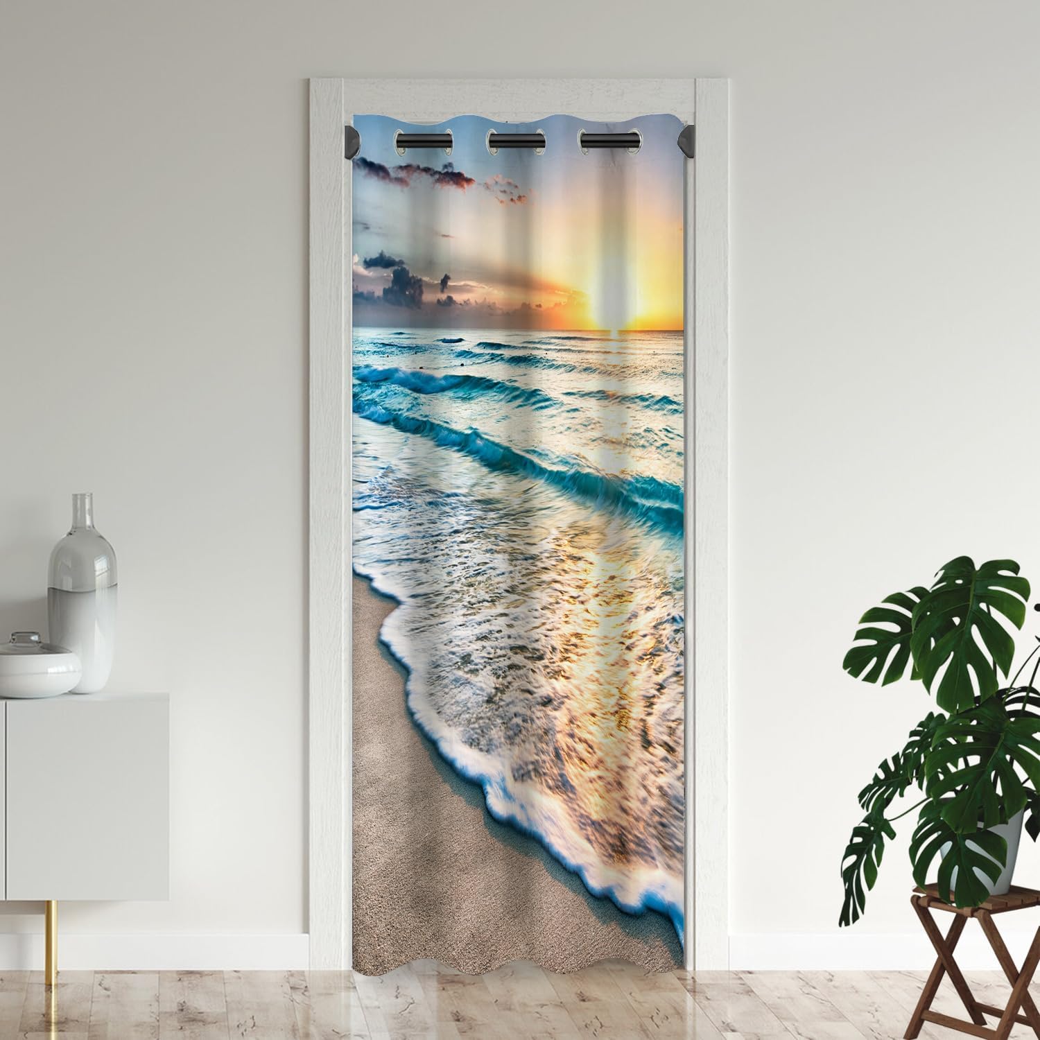 Beach Door Curtains for Doorways, Ocean Scenery Coastal Wave Seaside Coastal Sea Blackout Curtain for Kids Bedroom Closet, Grommet Thermal Insulated Privacy Door Drapes for Room Divider, 59"W x 80"L