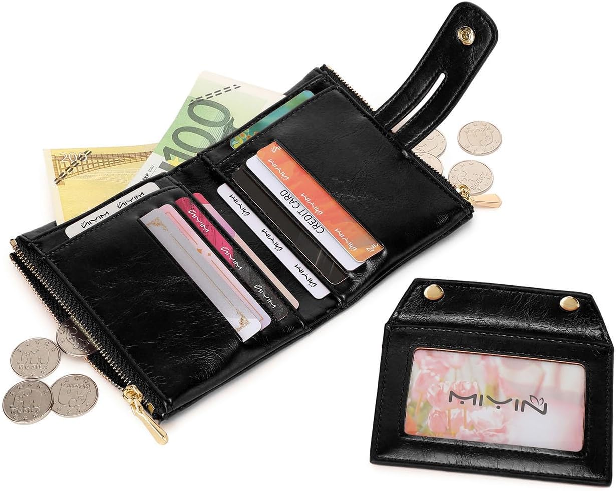AOXONEL Wallets for Women Small Rfid Bifold Leather Ladies Wallet,Travel Billfolds Medium Size Card Holder with Removable Wristlet Chain,Multi-Card Slots,ID Window,Double Zipper Coin Pocket (Black) - Image 2