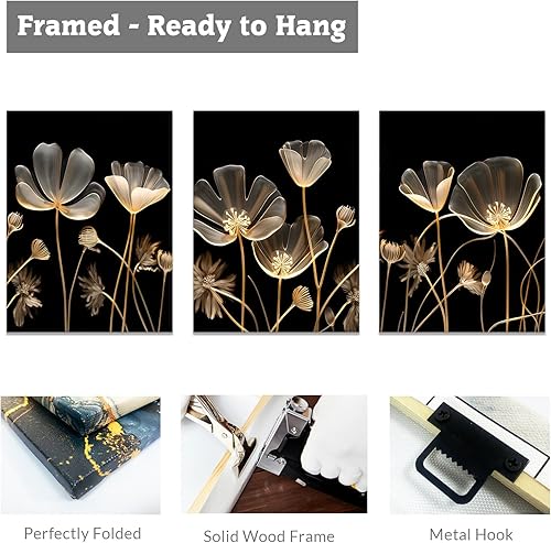 Miniatura 6 de CCWACPP 3 paneles de arte para pared, cuadros florales negros y dorados, cuadros abstractos de flores marrones, impresiones en lienzo, decoración de