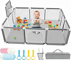 Cercadinho para Bebe 150×180 cm, Adequada para Crianças e Bebês, Uso Interno e Externo, Painéis com Tela Respirável e Antiqueda, Acompanha Bolinhas de Piscina, Alças de Apoio e Bolsa de Armazenamento