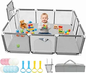 Cercadinho para Bebe 150×180 cm, Adequada para Crianças e Bebês, Uso Interno e Externo, Painéis com Tela Respirável e Antiqueda, Acompanha Bolinhas de Piscina, Alças de Apoio e Bolsa de Armazenamento