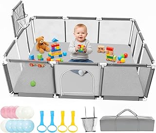Cercadinho para Bebe 150×180 cm, Adequada para Crianças e Bebês, Uso Interno e Externo, Painéis com Tela Respirável e Antiqueda, Acompanha Bolinhas de Piscina, Alças de Apoio e Bolsa de Armazenamento