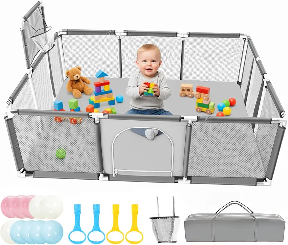 Cercadinho para Bebe 150×180 cm, Adequada para Crianças e Bebês, Uso Interno e Externo, Painéis com Tela Respirável e Antiqueda, Acompanha Bolinhas de Piscina, Alças de Apoio e Bolsa de Armazenamento