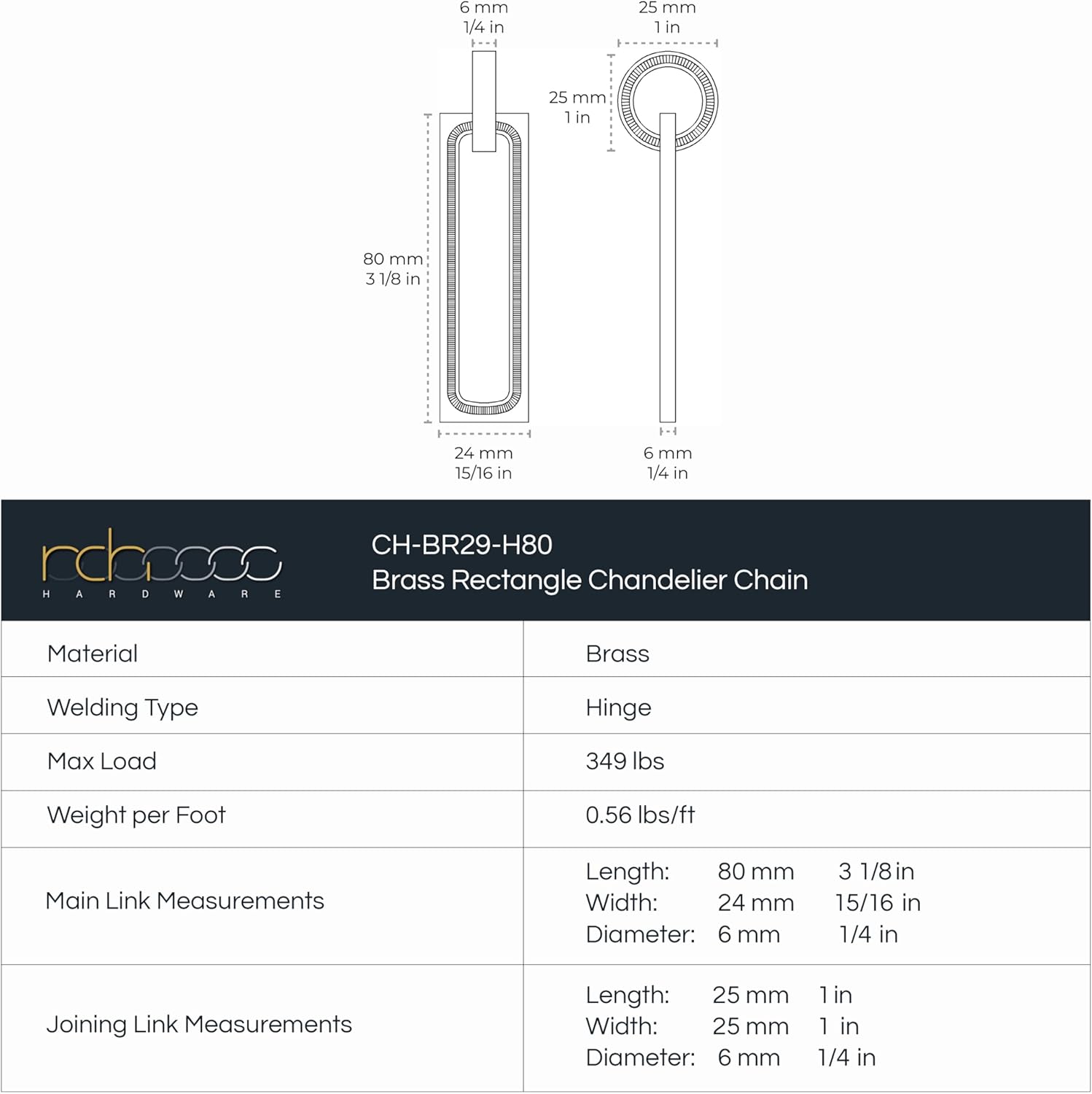 RCH Hardware CH-29-OBB-3 Decorative Oil Bronzed Black Solid Brass Chain for Hanging, Lighting - Rectangular Hinge with Squared Edges (3 ft/1 Yard)