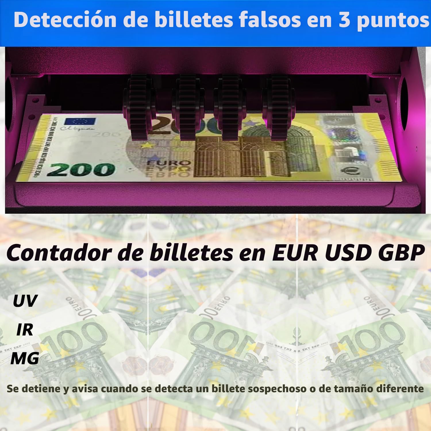 NX270 Contador de Billetes Máquina Contadora de Efectivo en Euro y USD y GBP con LCD Grande y Pantalla Externa para Pequeñas Empresas, No cuenta montos mixtos