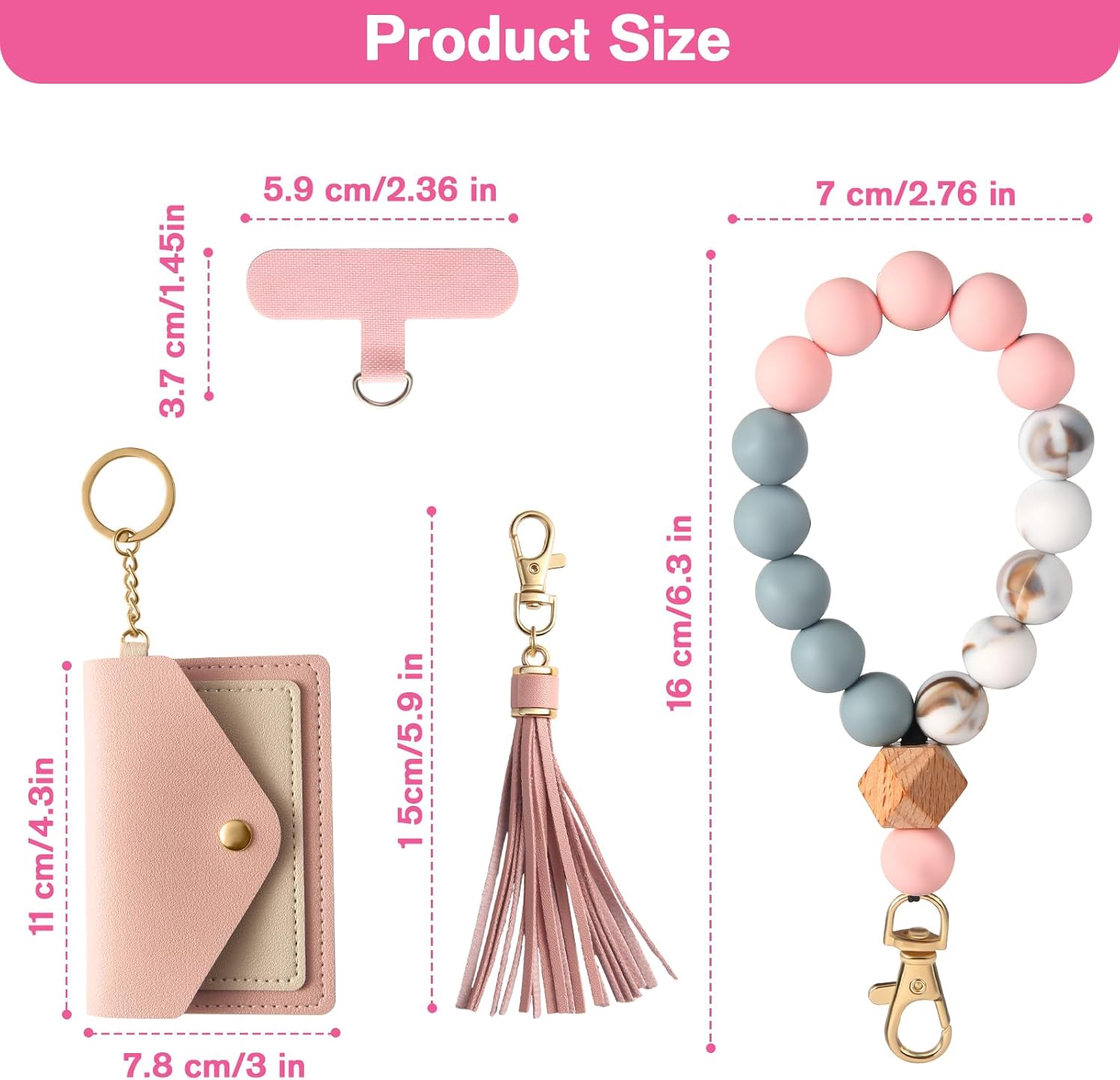 Phone Wrist Strap Silicone Beaded Cell Phone Lanyard with Tether Tab Tassel Wallet Wristlet Keychain for Women Credit Card Holder Keychains Silicone Key Ring Wristlet for Car Keys ID Badges(Pink) - Image 7