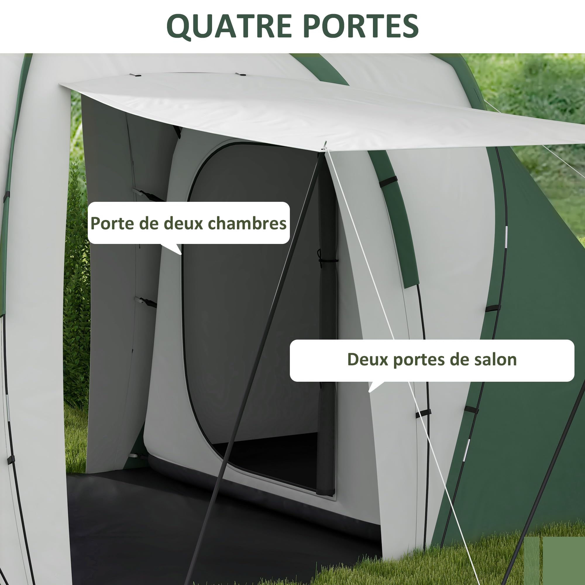 Outsunny Tente Tunnel Tente de Camping familiale 4-6 pers. légère ventilée Facile à Monter - 2 Grandes Portes 5,55 x 2,25 x 1,9 m Fibre Verre Polyester, Gris et Vert
