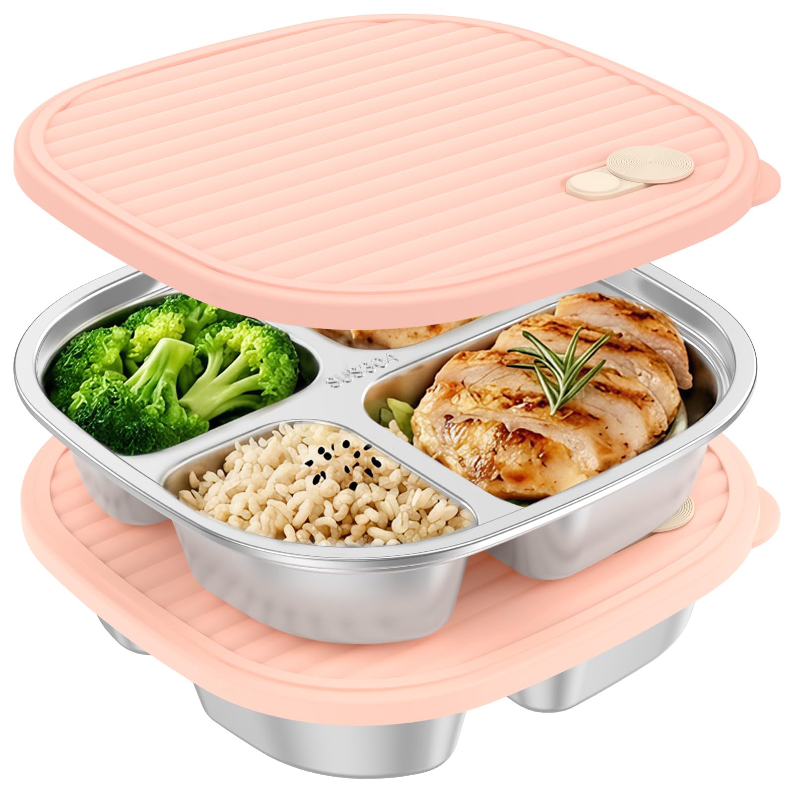 shaojian 2 Pack Divided Dinner Plates, Unbreakable Stainless Steel Compartment Plates with Lid, 20cm Portion Control Dishes for Adult Food, Meal Prep and Portioning(pink)