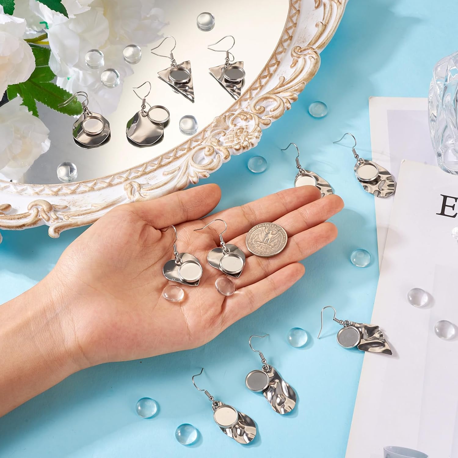 FASHEWELRY 54Pcs Stainless Steel Earring Bezel Trays Blank Geometry Rhombus Teardrop Stud Earrings with 12mm Round Glass Cabochons for DIY Jewelry Making - Image 6