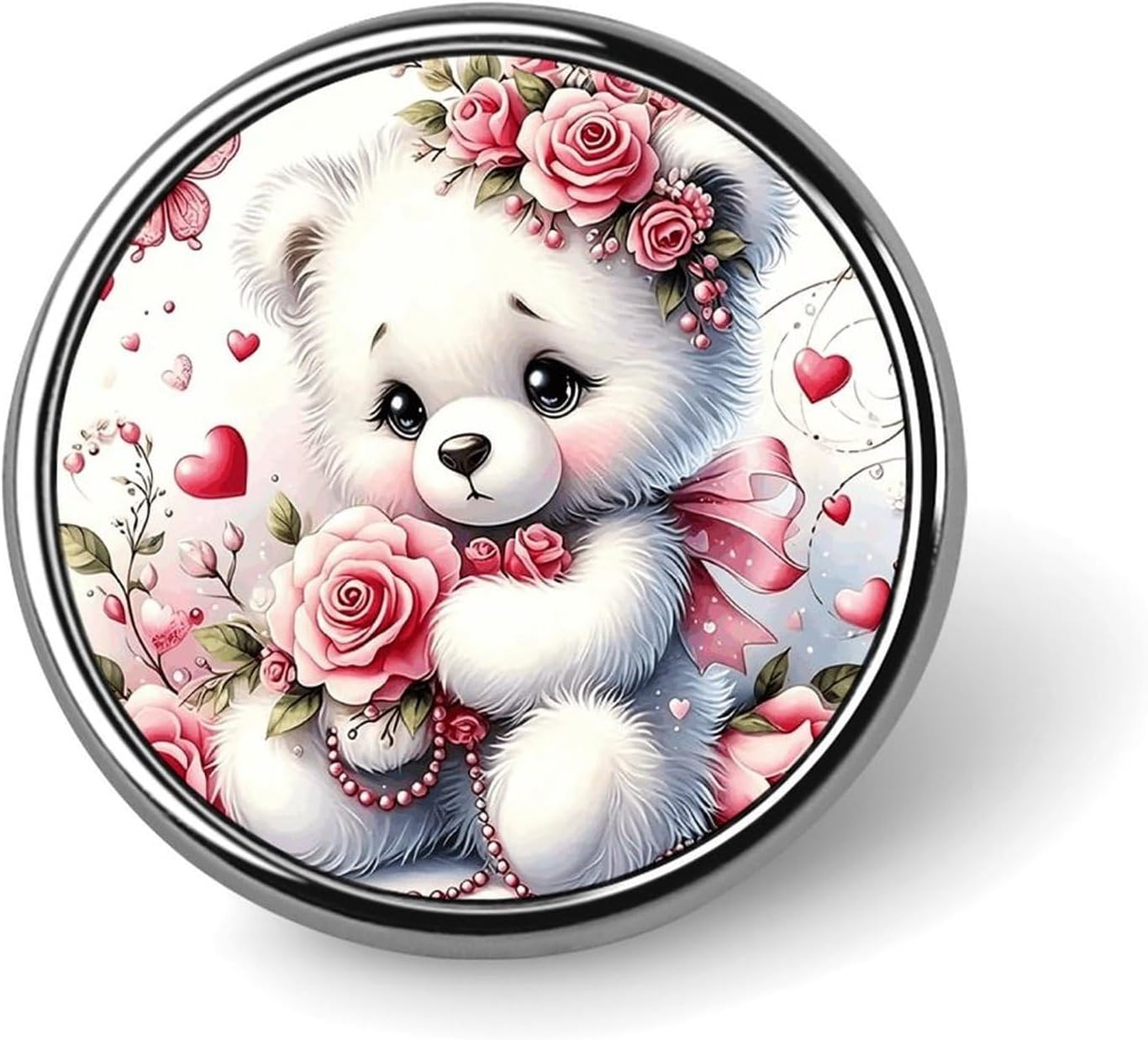 Round Metal Lapel Pin, Aluminum Alloy, Rose Bear