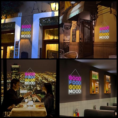Miniatura 5 de Horseneon Letrero LED de neón con texto en inglés Good Food Good Mood para decoración de pared, buena comida, buen estado de ánimo, luz de neón con