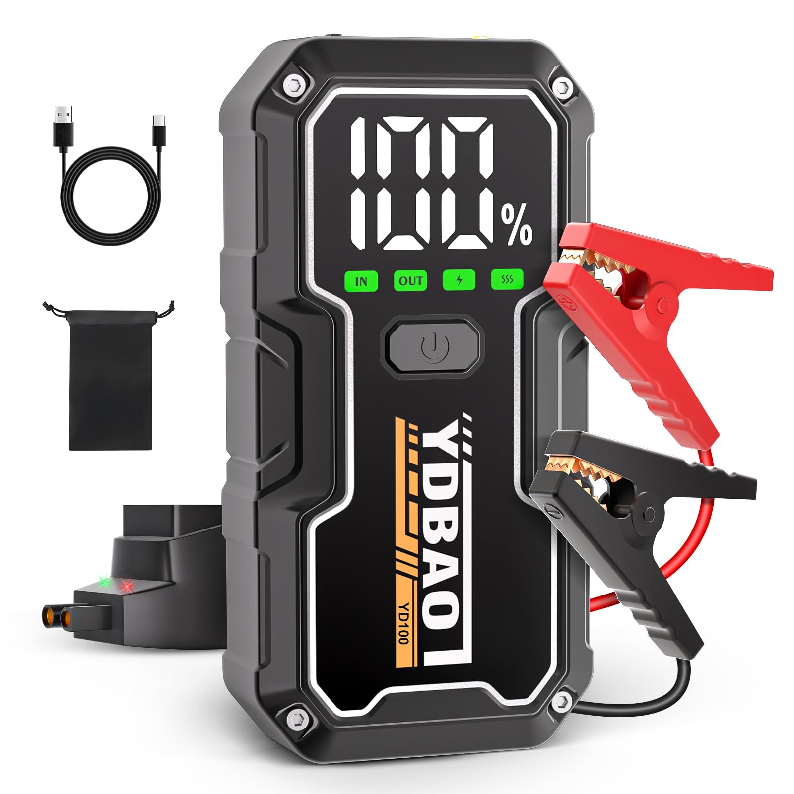 YDBAO Arrancador de Coches 8000A 12V Arrancador de Baterias de Coche Moto (para Todo Gasolina o 10L de Diésel) Jump Starter Protección Inteligente Linterna LED Pantalla LCD y Clips de Seguridad