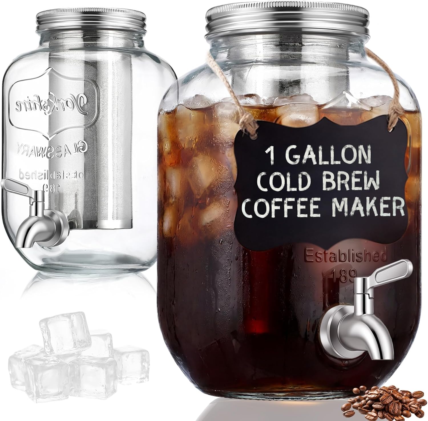 2 Pack 1 Gallon Cold Brew Coffee Maker Iced Coffee Maker with Stainless Steel Filter, Lid & Spigot Heavy Duty Glass Cold Brew Pitcher Drink Dispenser Thick Iced Tea Pitcher for Fridge