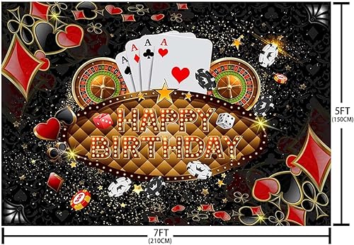 Miniatura 5 de Telón de fondo de feliz cumpleaños de 7 x 5 pies, decoración de fiesta de cumpleaños de Las Vegas, dados de Las Vegas, cartel de fiesta de