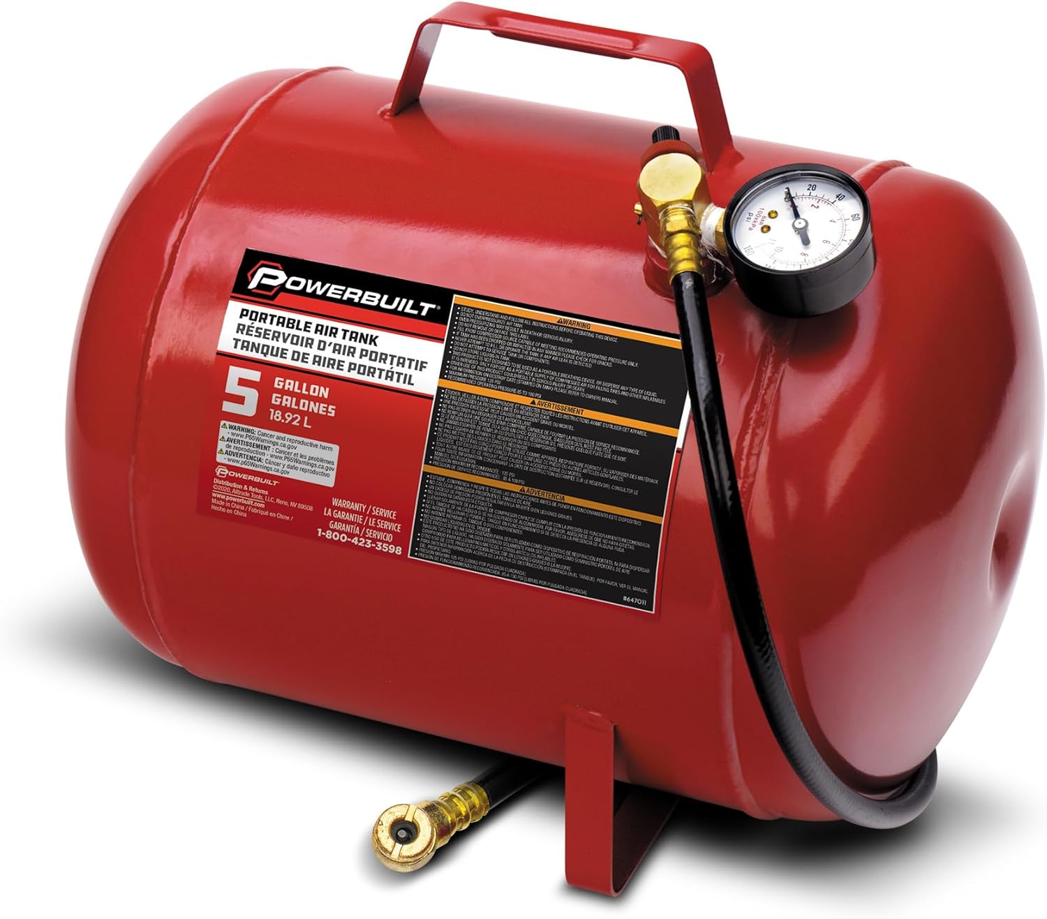 Powerbuilt 5-Gallon Portable Shop Air Tank, 125 PSI Working Pressure, Heavy-Duty Steel Construction, Pressure Limiting Valve, Carry Handle, Includes 1/4" NPT Rubber Air Hose - 647011