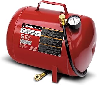 Powerbuilt 5-Gallon Portable Shop Air Tank, 125 PSI Working Pressure, Heavy-Duty Steel Construction, Pressure Limiting Valve, Carry Handle, Includes 1/4" NPT Rubber Air Hose - 647011