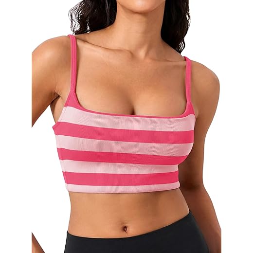 Aoysky Womens Striped Square Neck Sports Bras Spaghetti Straps Ribbed Padded Low Impact Yoga Workout Camisole