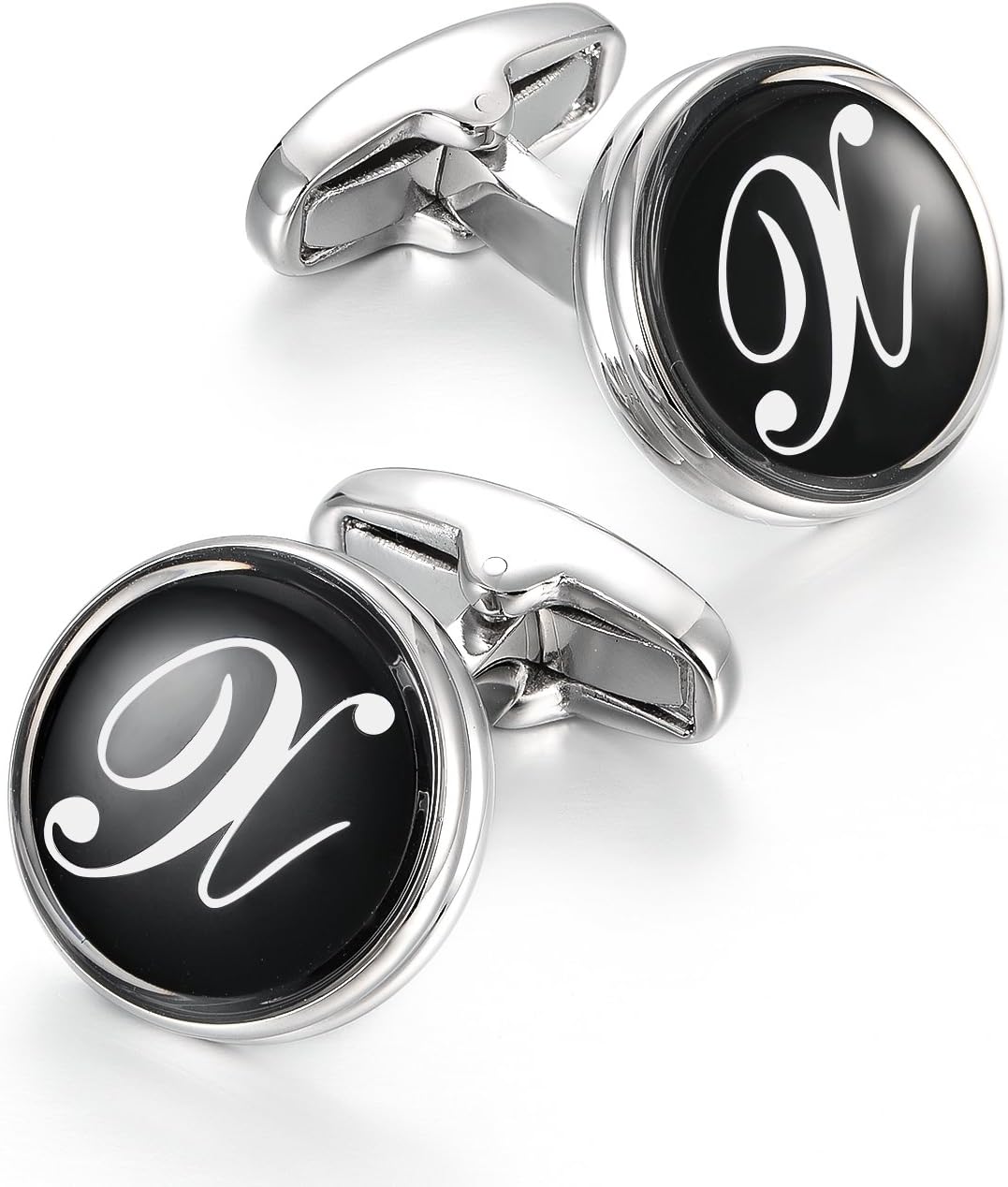 MERIT OCEANInitial Cuff Links Mens Silver Round Letter Alphabet Rhodium Plated Cufflinks for Men Suit Shirt Wedding Business A-Z