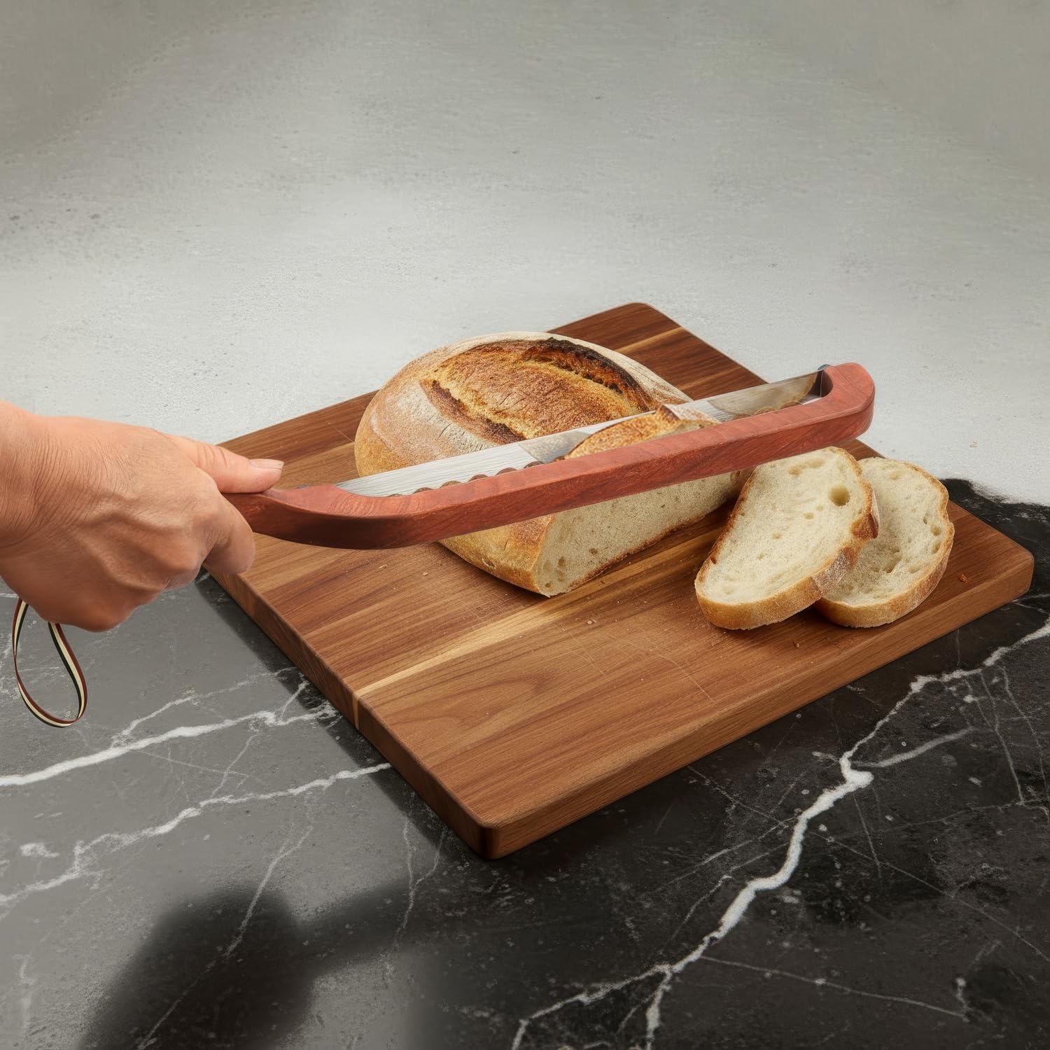Bread Knife for Sourdough - Right-Handed Serrated Bread Slicer with 2 Blades, Cuts to Bottom for Perfect Slices, Sapele Wood Handle & Storage Pouch