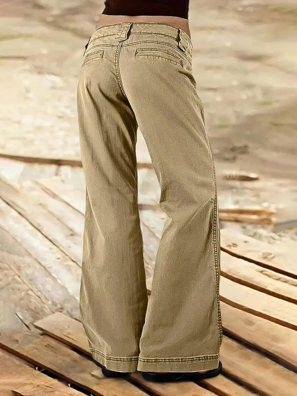 Flamingals Straight Leg Mid Waist Solid Buttoned Pocket Casual Pants for Women - Image 3