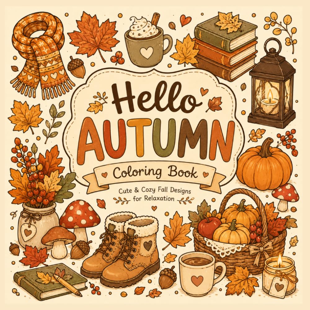 Hello Autumn Coloring Book: Cute and Cozy Fall Designs with Pumpkins, Leaves, Woodland Animals, and Relaxing Autumn Scenes for All Ages