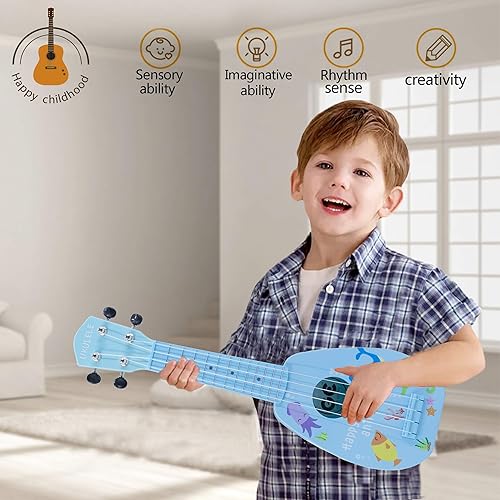 Vista 11 de YOLOPARK Guitarra de juguete para niños de 17 pulgadas para niñas y niños, mini guitarra ukelele con 4 cuerdas que mantienen los tonos, puede tocar
