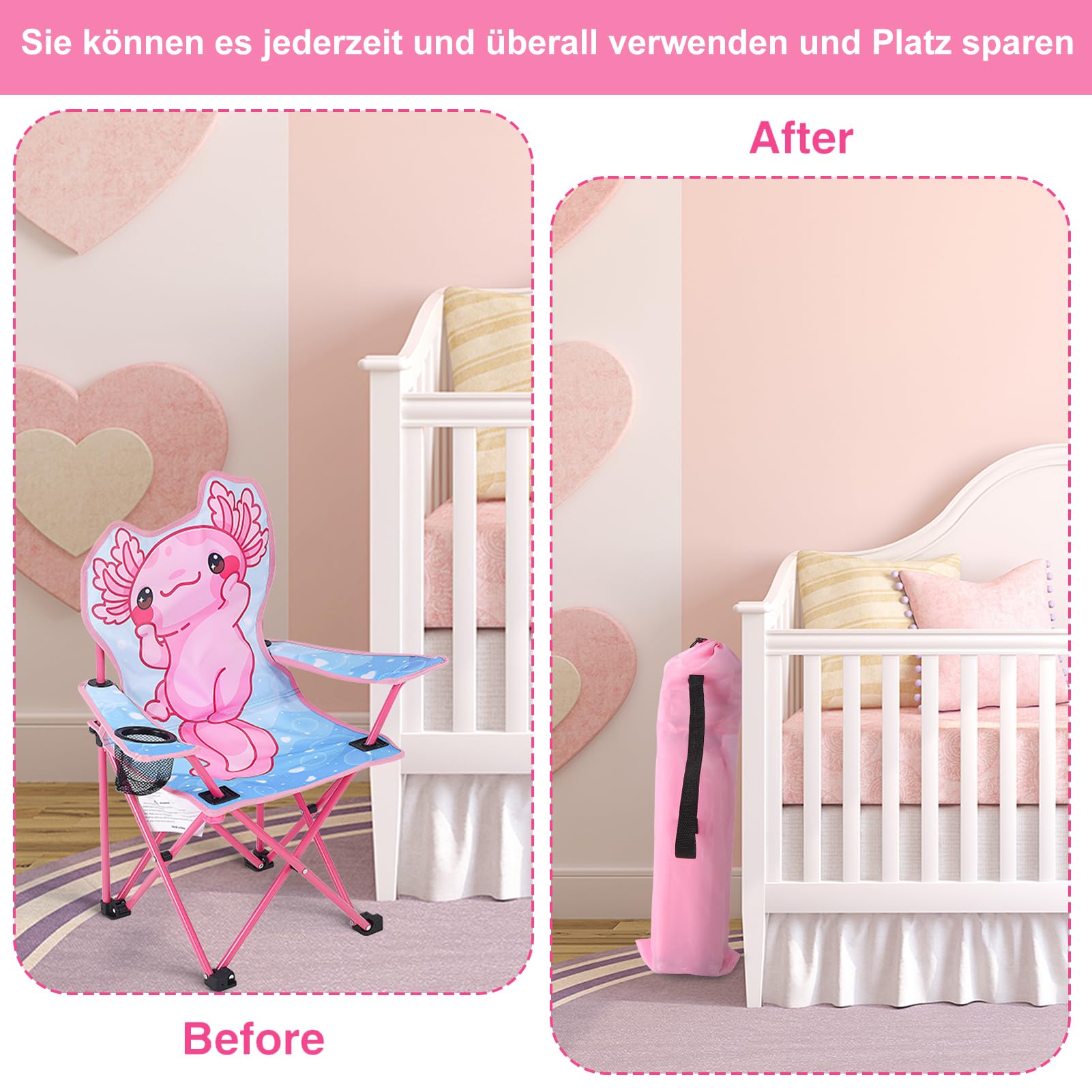 Silla de camping para niños con diseño de Axolotl, silla infantil para exteriores, con soporte para bebidas, silla plegable portátil, silla de jardín para niños, fuerte y estable, para picnic
